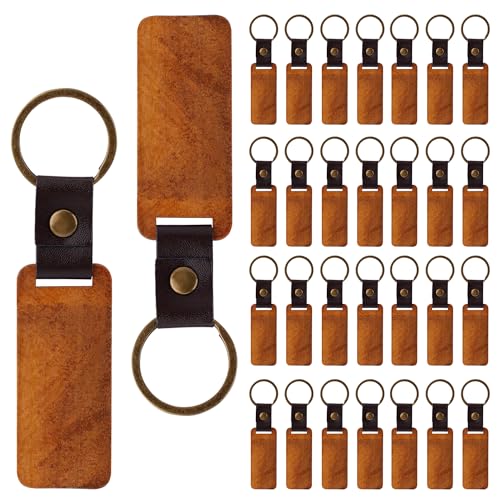 30St Holz Schlüsselanhänger Rohlinge, Unvollendet Holz Schlüsselanhänger mit Lederstreifen Gravur Rohlinge Schlüsselanhänger für DIY Kunsthandwerk Geschenke von NQEUEPN