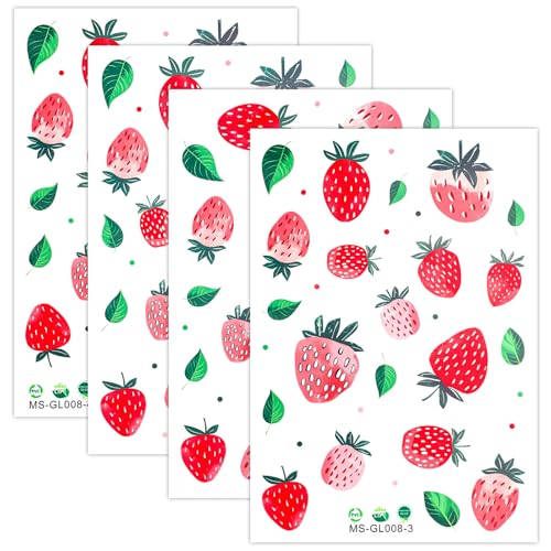 4 Bögen Erdbeer-Wandaufkleber, Süß Obst-Wandkunst Entfernbar Blatt-Beeren-Aufkleber Raumdeko für Kinder Mädchen Babyzimmer Schlafzimmer Wohnzimmerdekoration von NQEUEPN