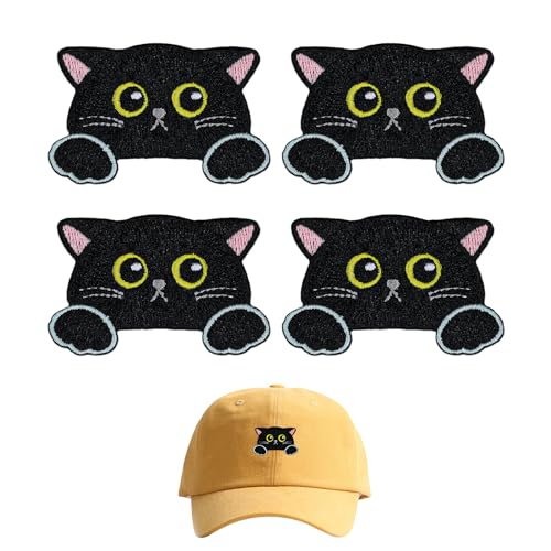 4 Stück Schwarze Katzengesicht Aufnäher zum Aufbügeln, Niedliche Cartoon Stickerei Aufnäher Aufbügelflicken Reparaturflicken Kleiderflicken für Kleidung Jacken Hosen Rucksäcke von NQEUEPN