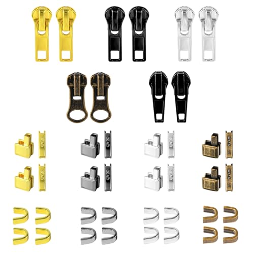 42 Stück Reißverschluss Reparaturset, 10 Stück Reißverschluss Schieber für Nr. 5 Metall- Kunststoff- Nylon-Reißverschlüsse Obere und Untere Reißverschlussanschläge für Kleidung Jacken Gepäck von NQEUEPN