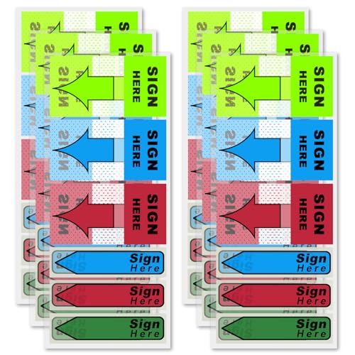 900stk/6 Packungen Schilder zum Unterschreiben, Praktisch Sign Here Pfeilaufkleber mit Spender Fluoreszierend Bunt Haftnotizen-Flagge für Schule Büro Notizbuch Notarbuch (Grün, Blau, Rot) von NQEUEPN