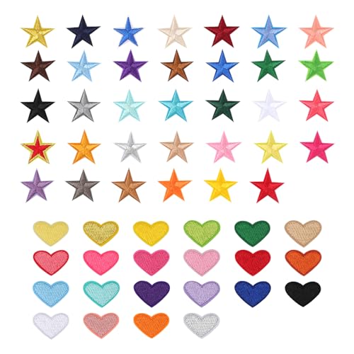 90stk Herz und Stern Patches Zum Aufbügeln, Polyester Sternförmiger Herzförmiger Aufnäher Herz und Stern Applikation Bunte Aufnäher für Kleidung Jeans Hüte Taschen und Kleider von NQEUEPN