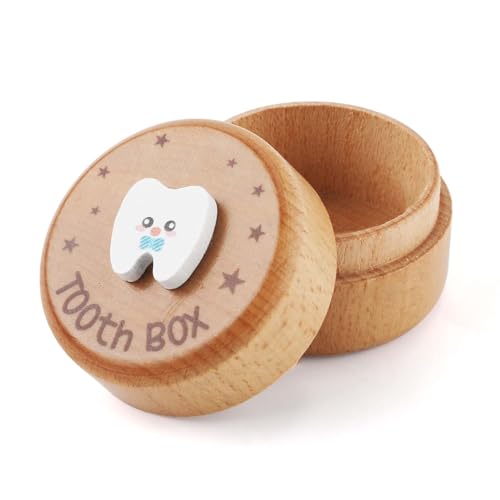 Holz Zahnbox, Tooth Box Niedlicher 3D Zahn Cartoon Bild Zahnd ose Halter Bedruckte Sterne Gefallene Zähne Aufbewahrung für Jungen Mädchen Zahn Souvenir von NQEUEPN