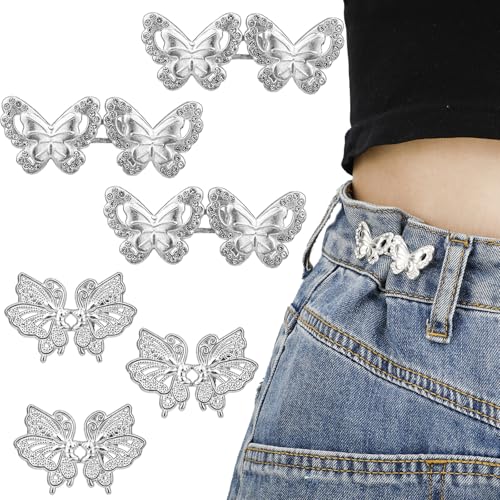 Hosenbundspanner, 6 Stück Verstellbare Schmetterlings-Jeansknöpfe Abnehmbare Jeansknöpfe Anstecknadel für Damen Ersatz für Lockere Jeans (Silber) von NQEUEPN