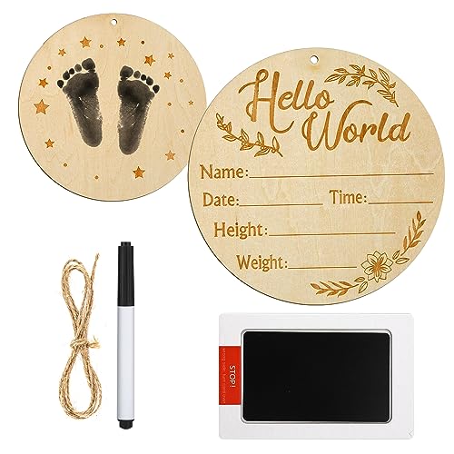 Ankündigungsschild Baby, 15cm Doppelseitig Holz Meilensteinkarten Baby Baby-Geburts-Ankündigungsschild Rund Namensschild mit Stempelkissen für Krankenhaus Babyzimmer Foto-Requisiten von NQEUEPN