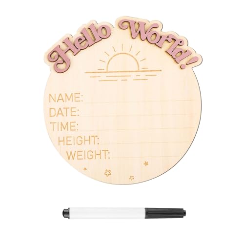 NQEUEPN Baby Ankündigungsschild, I'm New Here Hölzernes Neugeborenen Ankündigungsschild Hello world Schild für Neugeborene Foto-Requisiten Willkommen-Baby-Geburtsurkunde-Dekoration(Sonne) von NQEUEPN