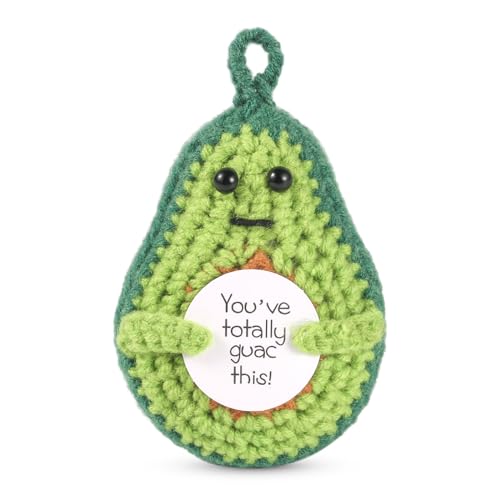 NQEUEPN Lustige Positive Avocado, 8cm Gestrickte Avocado Puppe mit Ermutigungskarte Avocado zur Emotionalen Unterstützung Gehäkelt Positive Potato Avocado für Urlaub Partydekoration Geschenk von NQEUEPN