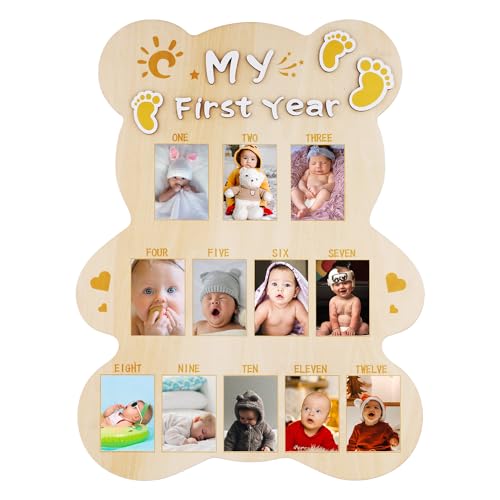 NQEUEPN My First Year Bilderrahmen, Geschnittene Bärenform Baby-Fotorahmen Holzbrett Personalisiert 12 Monate Baby-Fotoanzeige 1. Geburtstags-Erinnerungsgeschenk für Jungen Mädchen Kinderzimmer-Dekor von NQEUEPN