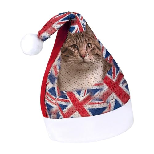 NQLYUT Weihnachtsmütze für Erwachsene, Plüschmütze, Katze, britische Flagge, Wimpelkette, Pailletten, Weihnachtsmannmützen für Party NQLYUT Weihnachtsmütze für Erwachsene, Plüschmütze, Katze, britische Flagge, Wimpelkette, Pailletten, Weihnachtsmannmützen für Party von NQLYUT