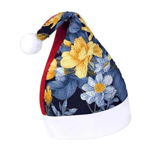 NQLYUT Weihnachtsmütze für Erwachsene, Plüschmütze, blaue Basis, gelbe Blumenpailletten, Weihnachtsmannmützen für Party NQLYUT Weihnachtsmütze für Erwachsene, Plüschmütze, blaue Basis, gelbe Blumenpailletten, Weihnachtsmannmützen für Party von NQLYUT