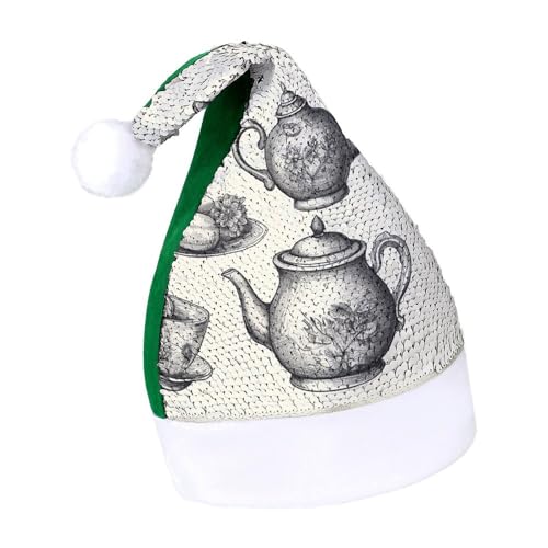 NQLYUT Weihnachtsmütze für Erwachsene, Plüschmütze, handgezeichnete Teekannen und Tassen, Pailletten, Weihnachtsmannmützen für Party NQLYUT Weihnachtsmütze für Erwachsene, Plüschmütze, handgezeichnete Teekannen und Tassen, Pailletten, Weihnachtsmannmützen für Party von NQLYUT