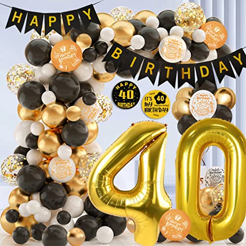40 Geburtstag Deko,Schwarz Gold Party Mann Frauen Geburtstag Deko mit Happy Birthday Banner,Geburtstag Konfetti Luftballons für Birthday Party Decorations von NQZWZB