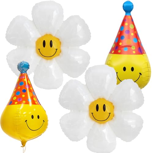 lächelndes Gesicht Luftballons Sets Blumen Daisy Foilballons,Hut mit lächelndem Gesicht Foilballons Für Hochzeit,Kinder,Geburtstag,Party,Babyparty Dekoration von NQZWZB