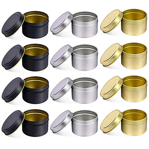 Kerze Behälter mit Deckel, 12 PCS 5 UNZEN Dekorative Runde Metall Kerze Dosen Groß, wiederverwendbare Kerze Gläser für DIY Kerze, Der, Kunst Handwerk Liefert (5OZ,4PCS Black+4PCS Silver+4PCS Gold) von NRANSON