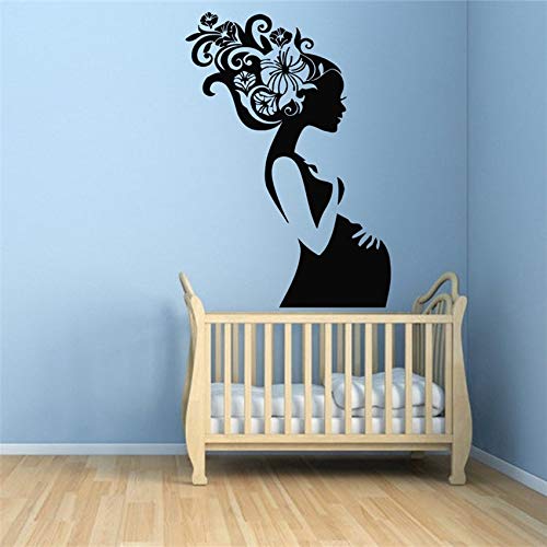 NSRJDSYT Schwangere Frau Blumenhaar Kinder Mütter Schlafzimmer Kunst Dekor Vinyl Aufkleber Kinderzimmer Baby Kinderzimmer Wandaufkleber Home Decor 83x58cm von NSRJDSYT