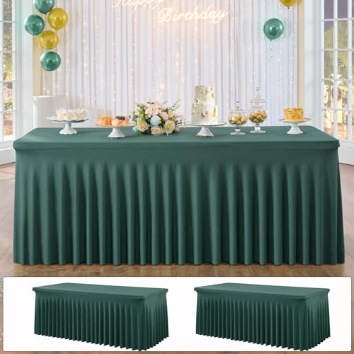 2-Pack Hunter Green Rechteckige Spandex Tischdecke 1,8m Mit Rock, Faltenfreie Stretch Fitted Tischtuch für 1.8m Rechteckig Tisch, Elastische Rüschen Tischröcke für Bankett Party Hochzeit Geburtstag von NSSONBEN