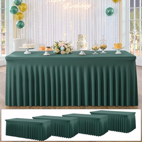 4-Pack Hunter Green Rechteckige Spandex Tischdecke 1,8m Mit Rock, Faltenfreie Stretch Fitted Tischtuch für 1.8m Rechteckig Tisch, Elastische Rüschen Tischröcke für Bankett Party Hochzeit Geburtstag von NSSONBEN
