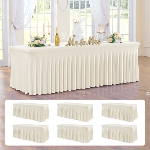 6-Pack Elfenbein Spandex Tischdecke für 180cm Rechteck Tische, Faltenfreie Stretch Tischdecke mit Rock für Bankett Party Hochzeit Geburtstag Meeting Display Dekoration Tischdecken von NSSONBEN