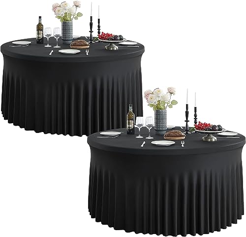 NSSONBEN 2-Pack 180cm Schwarz runde Tischdecke für runde Tische Stretch Faltenfreie Spandex Schwarz Tischdecke für Geburtstag Babydusche Party Hochzeit Bankett von NSSONBEN