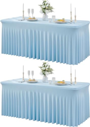 NSSONBEN 2-Pack Baby Blau Spandex Rechteck Tischdecke, 180cm, Faltenfreie Stretch Tischdecke mit Rock für Bankett Party Hochzeit Geburtstag Meeting Display Dekoration von NSSONBEN