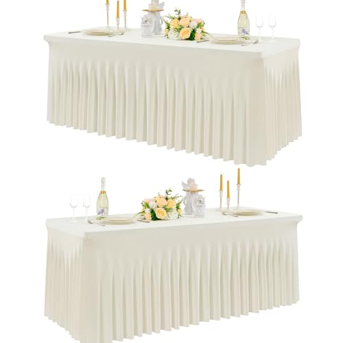 NSSONBEN 2-Pack Elfenbein Spandex Rechteck Tischdecke, 180cm, Faltenfrei, Stretch, Rock, Bankett Party Hochzeit Geburtstag Meeting Dekoration von NSSONBEN