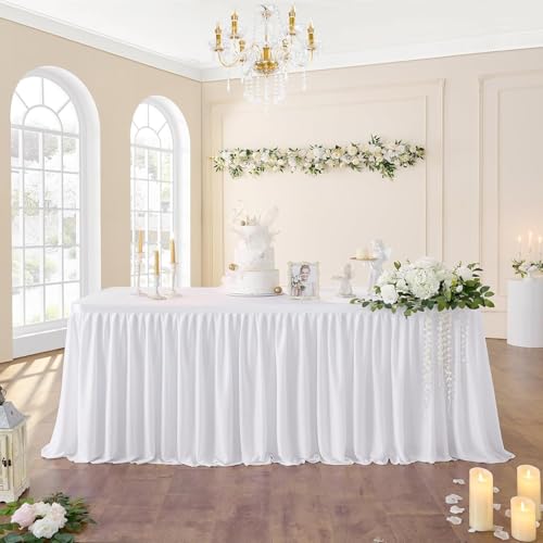 NSSONBEN 275cm White Polyester Table Skirts for Rectangle Tables, Wrinkle Free Ruffle Pleats Cloth Table Skirt for Banquet Wedding Birthday Baby Shower Trade Meeting Cake Dessert Tables(No Top Cover) von NSSONBEN
