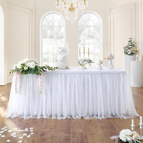 Weiß Tüll Tischrock Baby Kuchen Dessert Tische, 2-Lagen Rüschen Tüll Tutu Tuch Tischröcke Tischdeke für Geburtstagspartys Hochzeit Baby Dusche(L275×H76cm, Keine Tischdeckel) von NSSONBEN