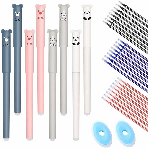 Radierbarer Kugelschreiber Gelschreiber Set, 8 Stück Tintenroller Radierbar mit 24 Nachfüllungen, 0.35mm Erasable Pen Set Süße Panda Cartoon Löschbaren Gel Stift (10 Schwarz+10 Blau+10 Rot Minen) von NSXIN