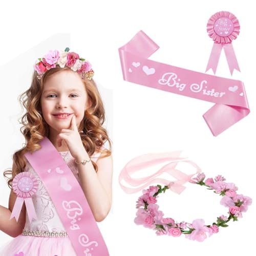 3-teiliges Zubehör-Set für große Schwester, Satin-Schärpe, Anstecknadel und Blumenkrone für Babyparty (Rosa) von NT-ling