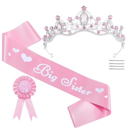 Zubehör-Set für große Schwester, Anstecknadel, große Schwester, Zubehör-Set, rosa Metall, Strass, Krone, Ankündigung, Party, 7-teilig, glitzernd, süßes Geschwister-Geschenk (Rosa) von NT-ling