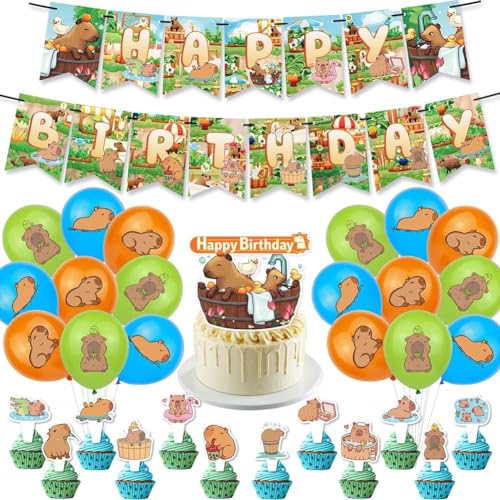 32Pcs Capybara-Geburtstagsfeier Dekoration,Capybara Rodent Birthday Party Supplies Umfasst Banner Luftballons Tortenaufleger Cupcake-Aufleger Geeignet für Jungen und Mädchen Kinderparty Dekoration von NTEVXZ