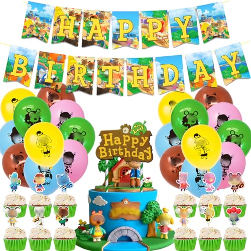 46Pcs Crossing Geburtstag Dekoration Set Crossing Thema Party Supplies Inklusive Animal Happy Birthday-Banner Luftballons Tortenaufleger Cupcake-Aufleger Geeignet für Kinderparty Dekoration von NTEVXZ