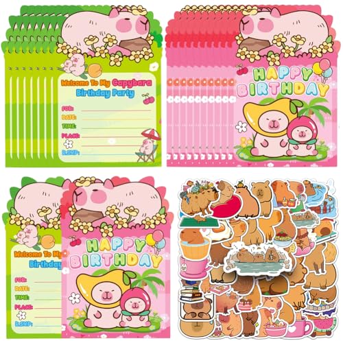 NTEVXZ 20pcs Capybara Einladungskarten Kindergeburtstag, 50pcs Capybara Sticker, Geburtstagseinladungen, Cartoon Einladungskarten Geburtstag Set für Themed Party NTEVXZ 20pcs Capybara Einladungskarten Kindergeburtstag, 50pcs Capybara Sticker, Geburtstagseinladungen, Cartoon Einladungskarten Geburtstag Set für Themed Party von NTEVXZ