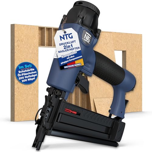 NTG Druckluft Nagler Nagelpistole Komplettset robustes Kunststoffgerät 1,1 kg 100 Stück Magazin einstellbar 16 bis 40 mm präziser Tacker und Klammergerät ideal für Heimwerker Werkstatt inkl. Zubehör von NTG