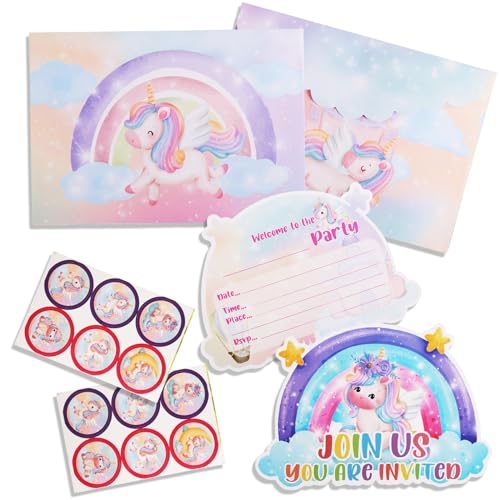 NTGFU Einladu Einhorn Einladungskarten Kindergeburtstag- 12 Pcs Einladungskarten mit Umschlägen & Stickern Party Invitation Cards Kindergeburtstag Gastgeschenke für Mädchen Babydusche Geburtstagsfeier von NTGFU