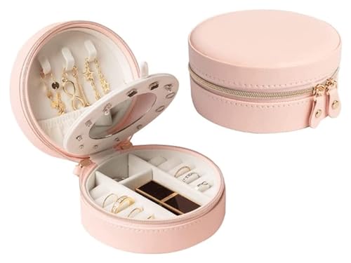NTIYOU Schmuckschatullen Runde Schmuckaufbewahrungsbox aus Kunstleder, Organizer, Display, Aufbewahrungskoffer for Ringe, Ohrringe, Halsketten Mutter(Pink) von NTIYOU