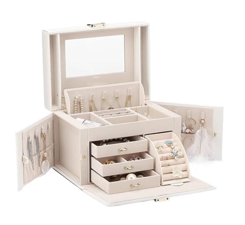 NTIYOU Schmuckschatullen Schmuck-Organizer, Schmuckschatulle, verspiegelte Schmuckschatulle, große Kapazität, tragbare Reise-Schmuckaufbewahrung, Ring- und Halsketten-Vitrine Mutter(Blanc) von NTIYOU