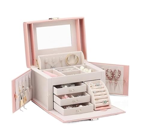 NTIYOU Schmuckschatullen Schmuck-Organizer, Schmuckschatulle, verspiegelte Schmuckschatulle, große Kapazität, tragbare Reise-Schmuckaufbewahrung, Ring- und Halsketten-Vitrine Mutter(Pink) von NTIYOU