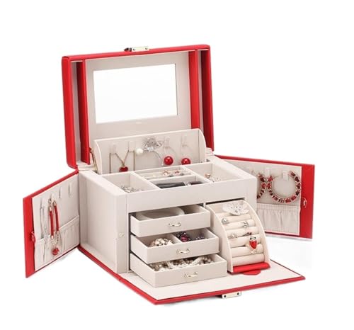 NTIYOU Schmuckschatullen Schmuck-Organizer, Schmuckschatulle, verspiegelte Schmuckschatulle, große Kapazität, tragbare Reise-Schmuckaufbewahrung, Ring- und Halsketten-Vitrine Mutter(Red) von NTIYOU