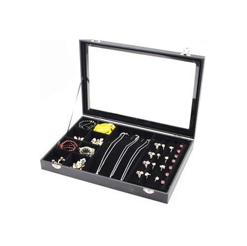 NTIYOU Schmuckschatullen Tablett mit Glasdeckel, grau/schwarz, Schmuck-Organizer-Box, Schmuckvitrine for Ohrringe, Ringe, Halsketten Mutter NTIYOU Schmuckschatullen Tablett mit Glasdeckel, grau/schwarz, Schmuck-Organizer-Box, Schmuckvitrine for Ohrringe, Ringe, Halsketten Mutter von NTIYOU