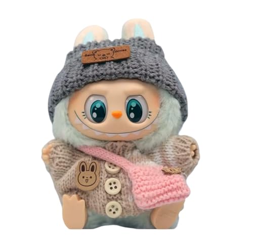 Lububu Clothes, kompatibel mit labubu, Kleidung Süße Puppenkleidung ohne Puppen, Set, Kleidung für 17cm Puppen (Grauer Hut + beiges Oberteil + rosa Tasche) von NTM Enterprise