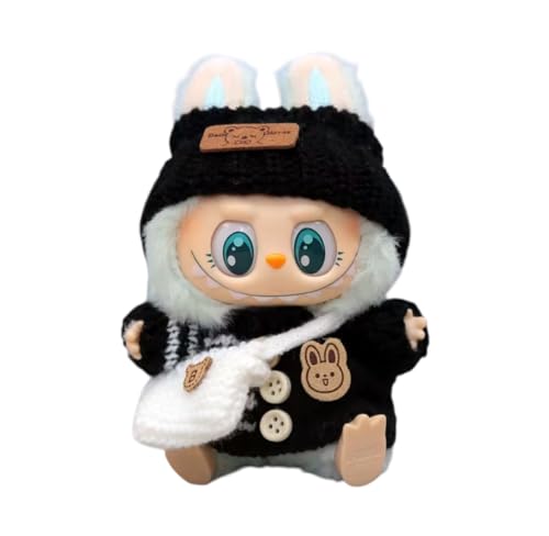 Lububu Clothes, kompatibel mit labubu, Kleidung Süße Puppenkleidung ohne Puppen, Set, Kleidung für 17cm Puppen (Schwarzer Hut + schwarzes Oberteil + weiße Tasche) von NTM Enterprise