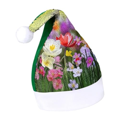 NTVOWPZO Glitzernde Weihnachtsmütze für Erwachsene, Weihnachtsmannmütze, Frühlingsblumen, glänzende Pailletten, Weihnachtsmütze für Weihnachten, Neujahr, Party, Kopfbedeckung von NTVOWPZO