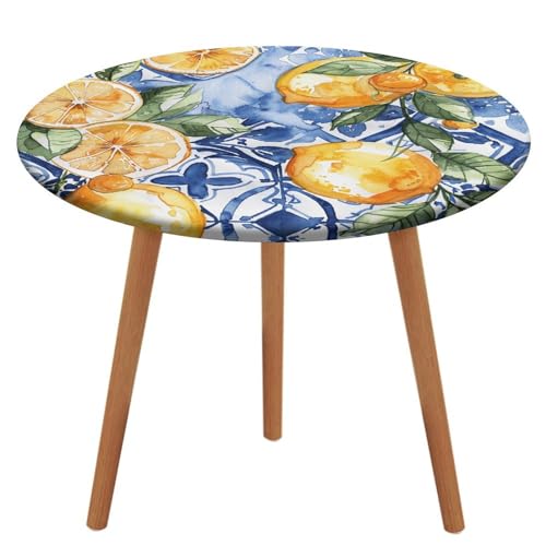 NTVOWPZO Runde Tischdecke, rund, mit elastischem Zitronen- und Blau, Outdoor-Tischdecke, runde elastische Tischdecke, abwischbare Tischdecke für Picknick, Camping, Abendessen von NTVOWPZO