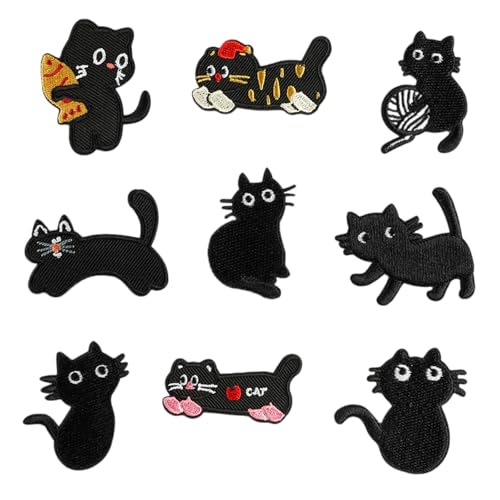 9 Stück Cartoon-Katzen-Stickerei-Applikationen für Kätzchen, zum Nähen/Eisen, Katzen-Rucksack-Dekoration von NUEAYMS