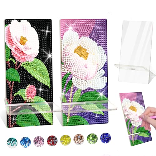 NUFTVI Diamond Painting Stand for Phones & Diamond Art Mirror, Multifunctional DIY Diamond Painting Kits for Adult, Crystal Rhinestone Diamond Arts Crafts Kits (2 Pack Camellia/Peony) von NUFTVI