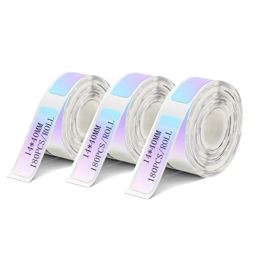 3 Rollen Halbtransparent, mehrfarbig, holografisch Thermobeschriftungsband, 14 x 40 mm, geeignet für Etikettendrucker. Zum Drucken von Barcodes, Namen, (180 Etiketten pro Rolle) von NUIGUBF