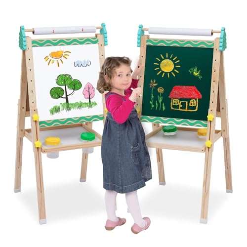 Kinder Spiel Tafel aus Holz|Verstellbare Doppelseitige Whiteboard und Tafel-Staffelei mit Buchstaben und Zahlen Aufkleber und Anderem Zubehör für Kinder und Kleinkinder (grüne Streifen) von NUKied