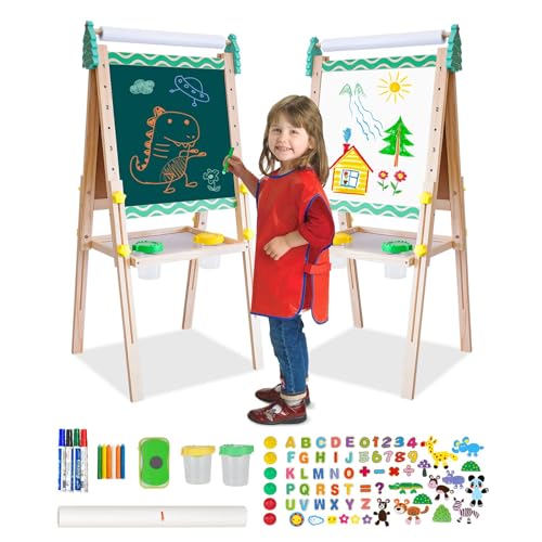 Kinder Spiel Tafel aus Holz|Verstellbare Doppelseitige Whiteboard und Tafel-Staffelei mit Buchstaben und Zahlen Aufkleber und Anderem Zubehör für Kinder und Kleinkinder (grüne Streifen) von NUKied