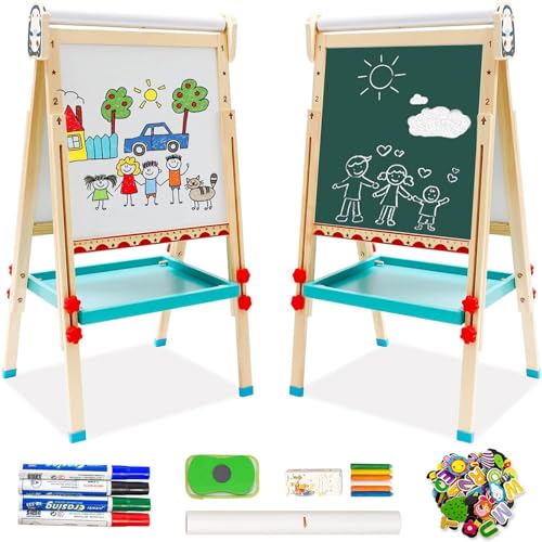 NUKied Kinder Spiel-Tafel aus Holz mit Papierrolle Doppelseitige Whiteboard und Tafel Staffelei mit Zahlen und Anderem Zubehör für Kinder und Kleinkinder (Pinguin) von NUKied